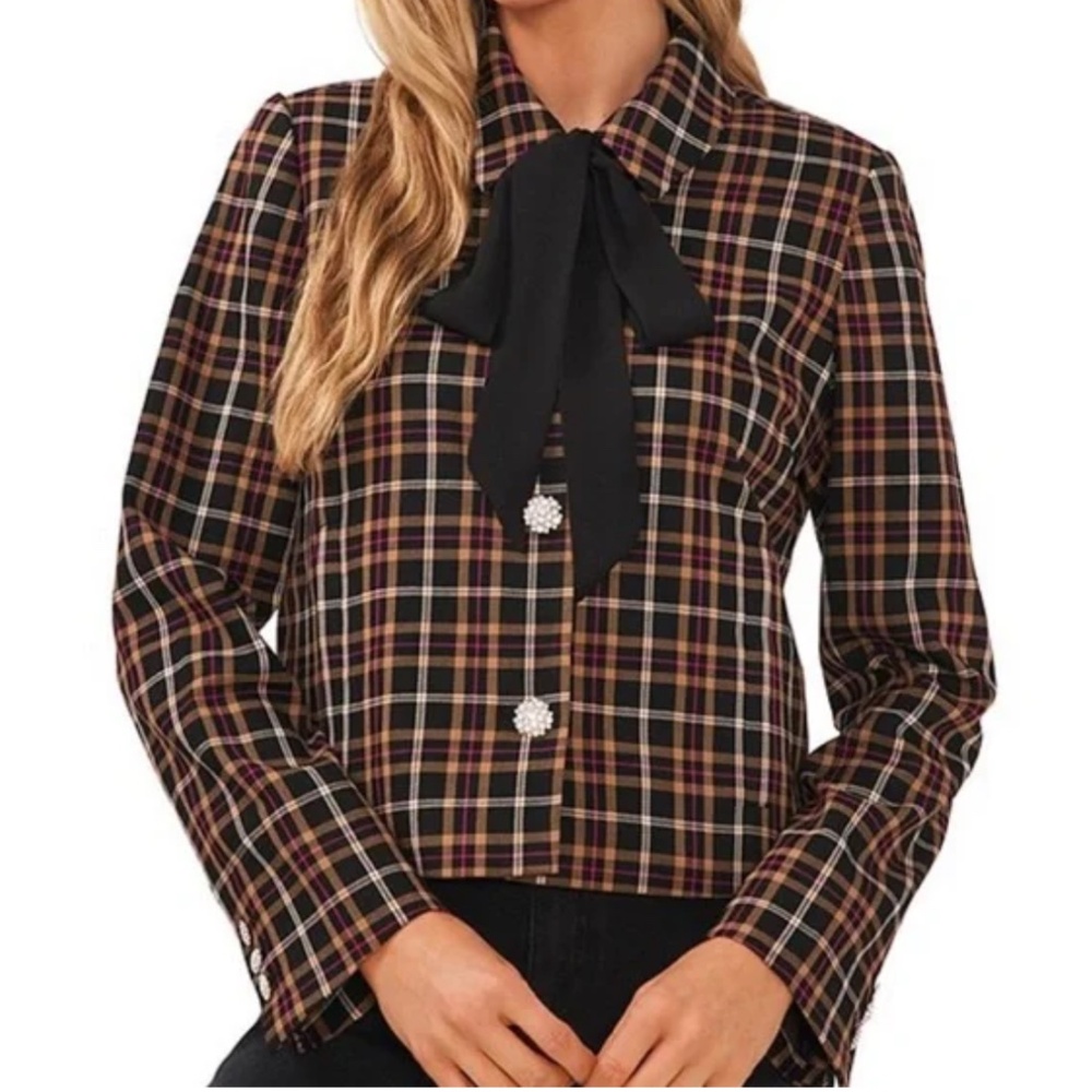 Cece Plaid Print Long Sleeve Peter Pan Collar Coordinating Blazer